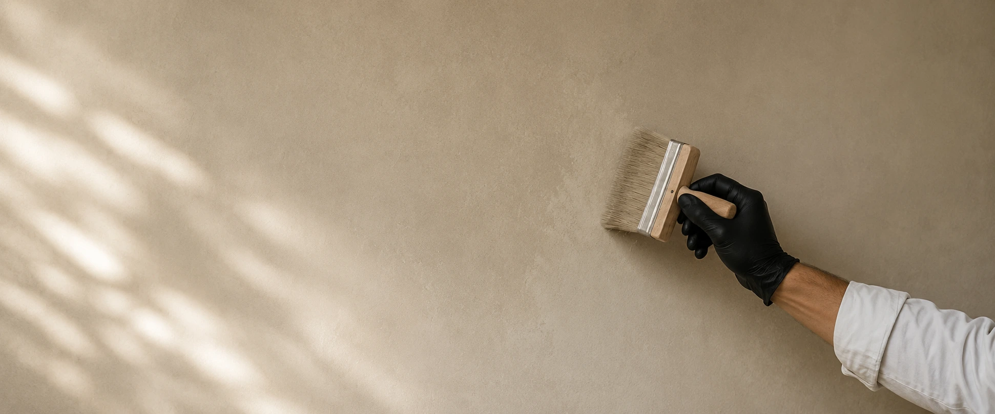 Artisan applying traditional mineral wall finish by hand using a Japanese brush