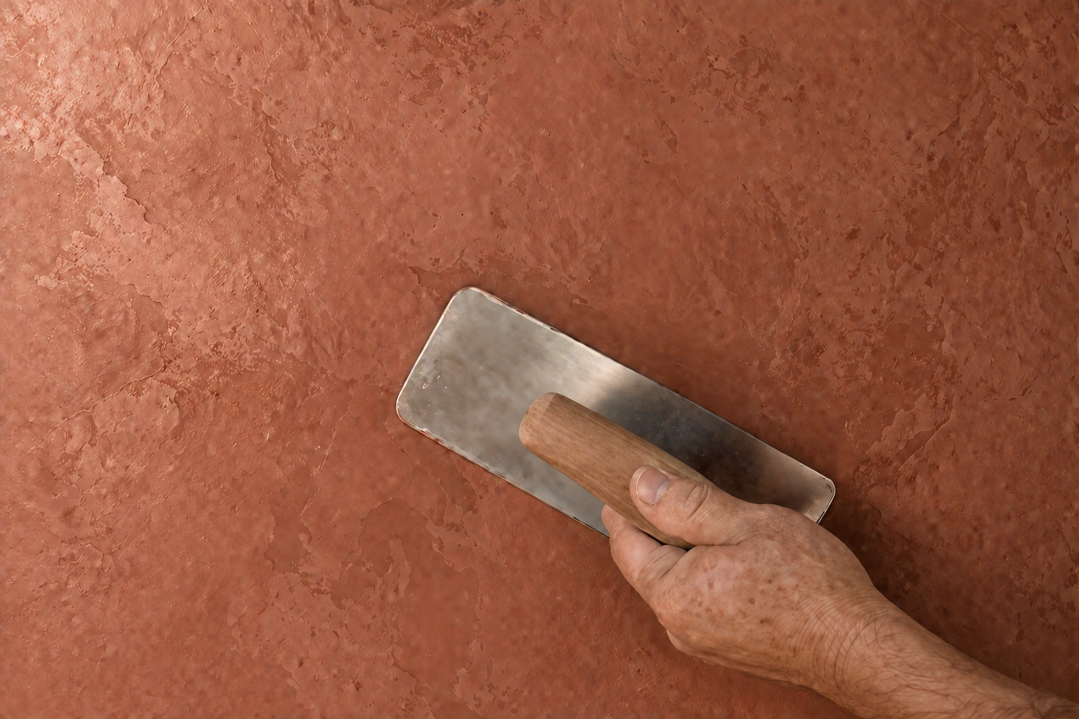 Wooden plastering trowel applying a handcrafted Marrakech wall finish with precision.